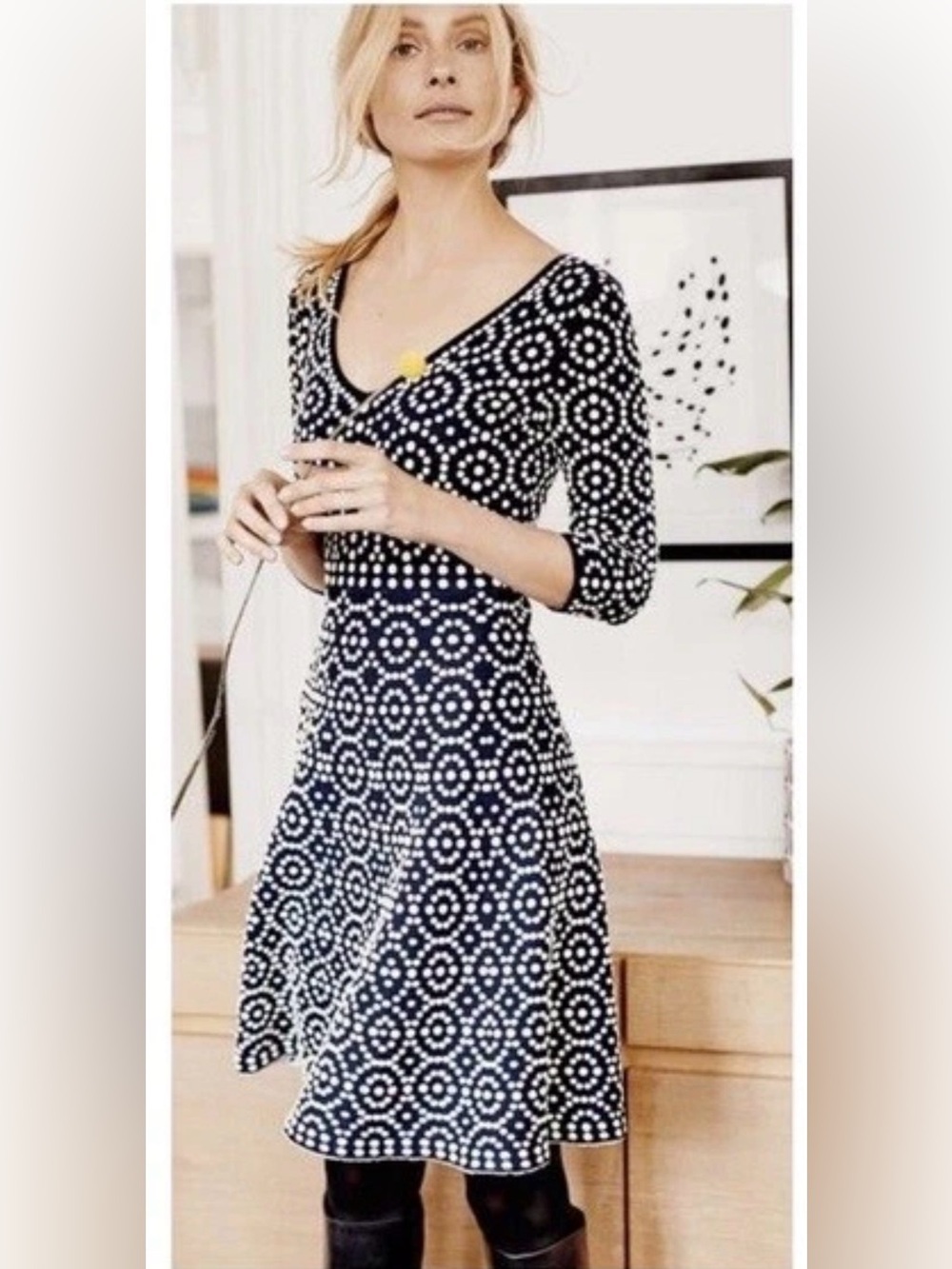 Boden Annabel Knit A Line Fit and Flare Polka Dot Dress 3/4 Sleeve Size 6R